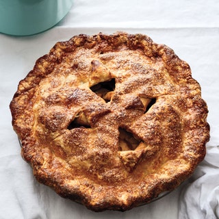 Overhead shot of a deepdish apple pie.
